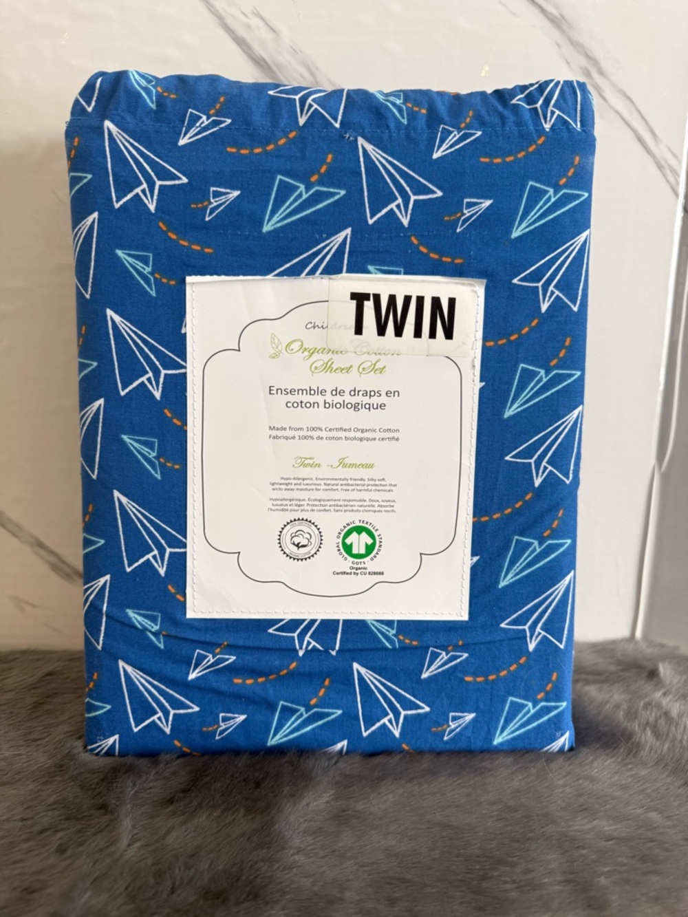 Twin Organic Cotton Sheet Set - Blue Paper Airplane Print
